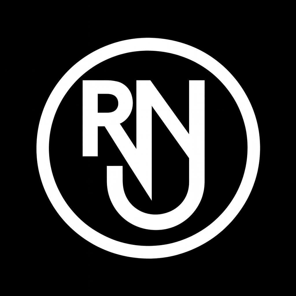 RNJ monogram: interlocking letters R, N and J inside a circle, white on black